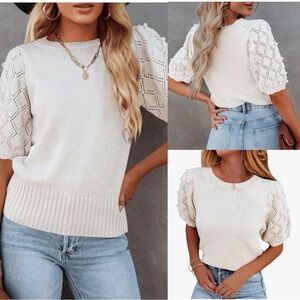 White Puff Sleeve Knit Top